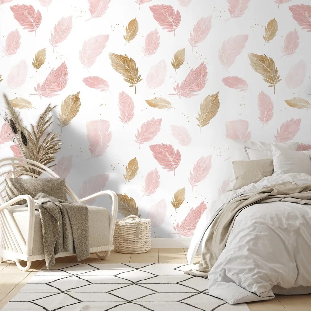 Самозалепващ тапет – Розово-златни нежни пера