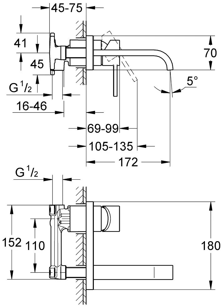 Тоалетна стенен кран Grohe Allure-Length 17 cm.