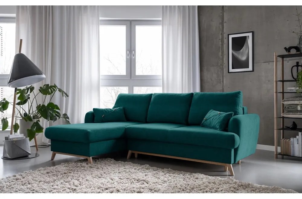 Тюркоазен разтегателен/с място за съхранение ъглов диван (ляв ъгъл) Scandic Lagom – Miuform