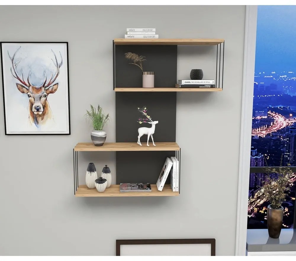 Двоен рафт от бор в антрацит и естествен цвят 65 cm Destan - Kalune Design