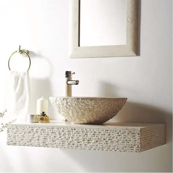 Мивка с плот за баня ICL 4515 стенен монтаж, мрамор, пясъчен, 90x50x10см - 45х45х15см