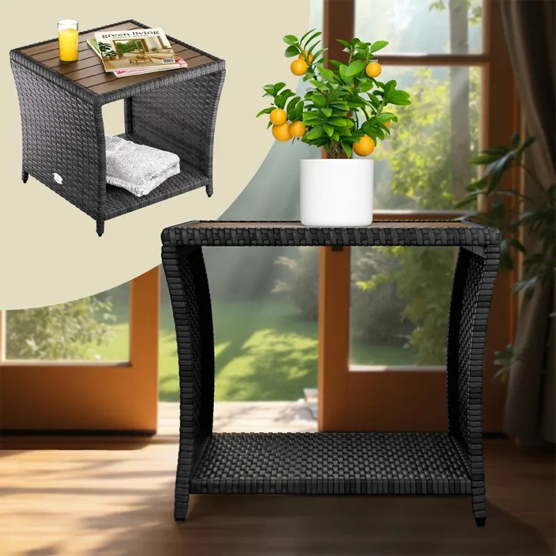 Странична маса от полиротанг с плот от акациева дървесина 45 × 45 cm Черен