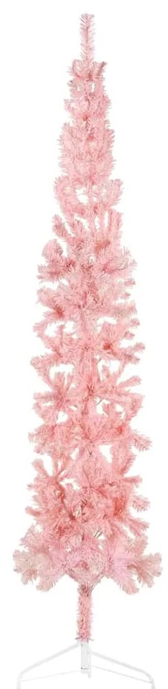 344572 vidaXL Тънка изкуствена половин коледна елха със стойка розова 210 см