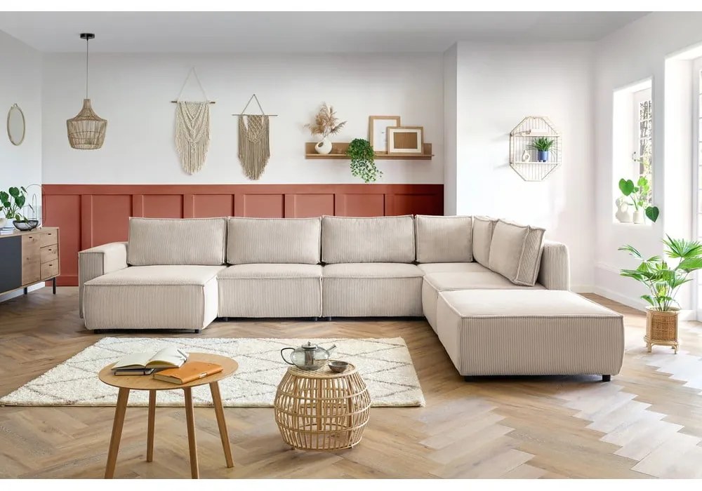 Кремав ъглов U-образен диван от велур, десен ъгъл Nihad modular - Bobochic Paris