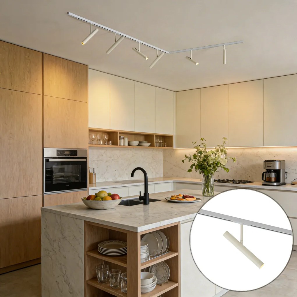 Модерна релсова система бяла с 6 бежови прожектора 1-фазна - Slimline Avery