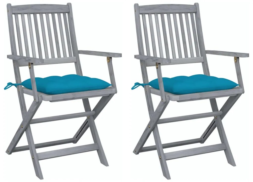 3064501 vidaXL Сгъваеми градински столове, 2 бр, с възглавници, акация масив