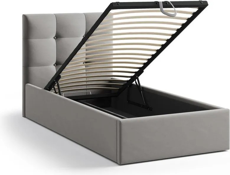 Сиво единично легло 90x200 cm тапицирано с място за съхранение с включена подматрачна рамка Phaedra – Micadoni