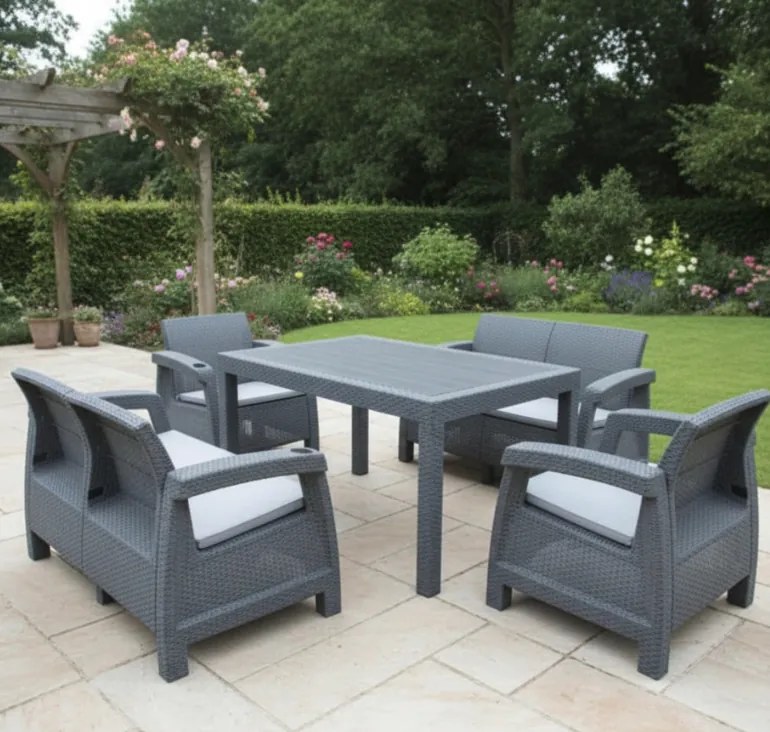 Комфортен градински терасен комплект с 6 места във вид на ратан