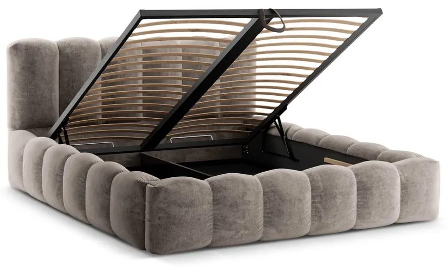 Светлокафяво тапицирано двойно легло с място за съхранение с включена подматрачна рамка 180x200 cm Lupine – Micadoni Home