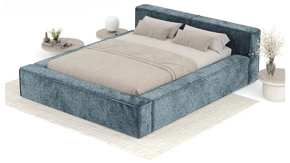 Сиво-синьо двойно легло 160x200 cm тапицирано с място за съхранение с включена подматрачна рамка Voliera – Maison de Rêve