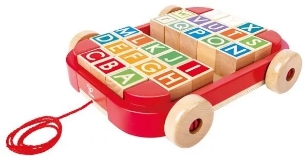 Hape - Дървена играчка, Ремарке за дърпане с дървени кубчета, 21 x 21 x 5.6 см