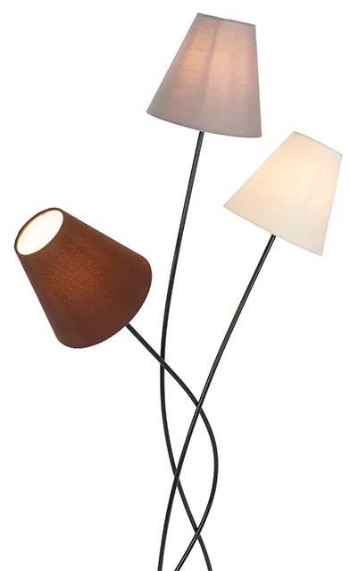 Дизайнерски подов аплик черен с платнени абажури 3-светлина - Melis