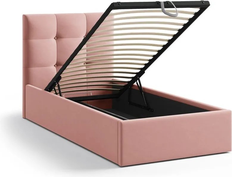 Розово единично легло 90x200 cm тапицирано с място за съхранение с включена подматрачна рамка Phaedra – Micadoni