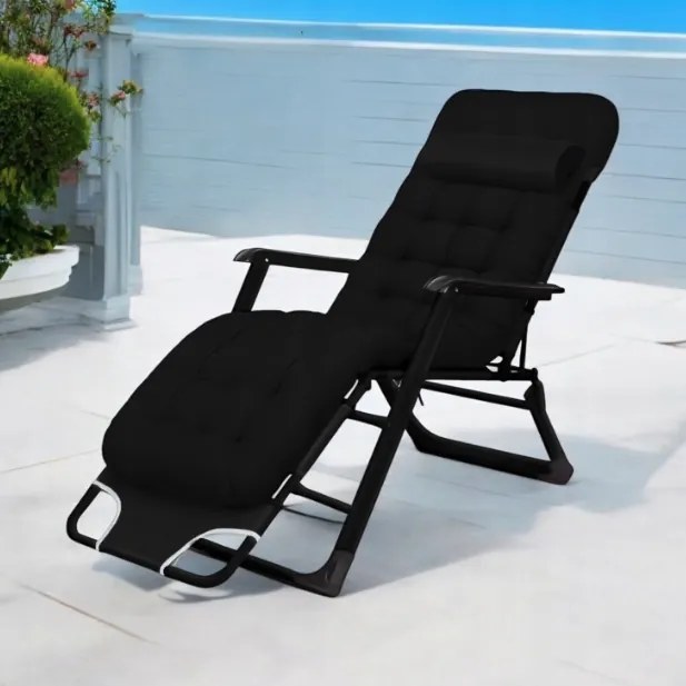 Градински шезлонг с черна рамка и възглавница Син