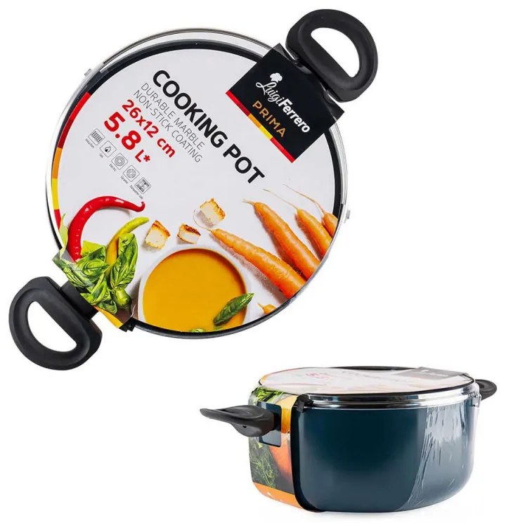 Тенджера Luigi Ferrero Prima FR-2644, 26x12 см, 5.8 л, Незалепващо покритие, Стъклен капак с отвор за пара, Индукция, Тъмносин