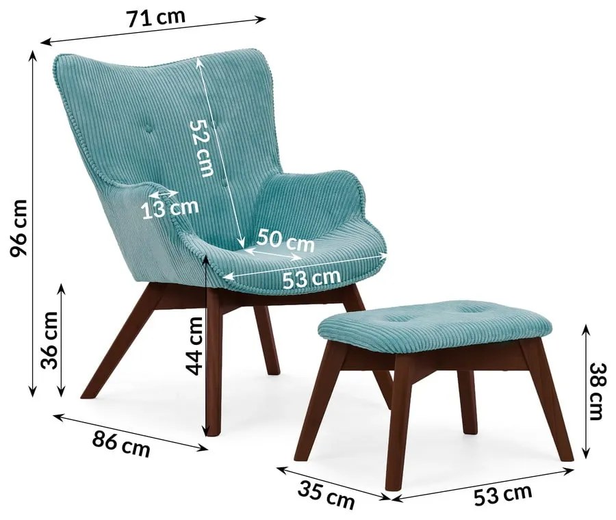 Тюркоазен фотьойл с табуретка от рипсено кадифе Niko – Ropez