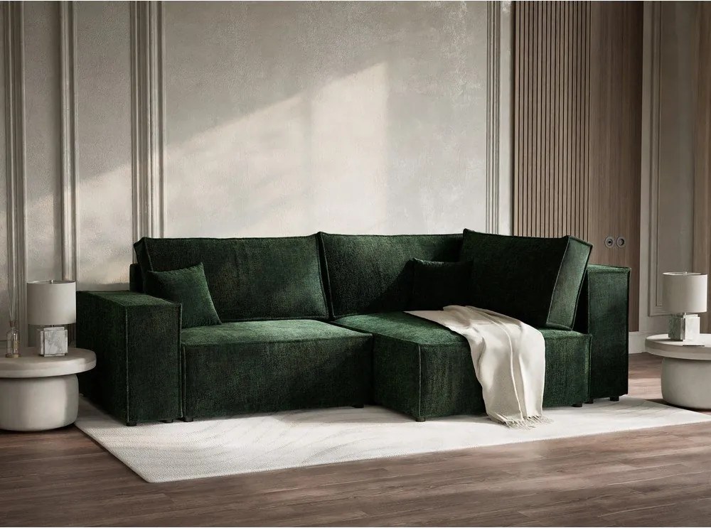 Тъмнозелен шенилов сгъваем/с място за съхранение ъглов диван (десен ъгъл/L форма) Tonga – Maison de Rêve