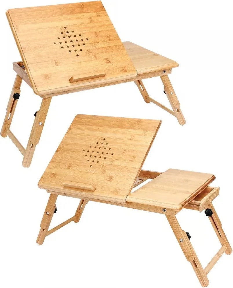 Бамбукова масичка за лаптоп с вентилационни отвори и чекмедже 55 x 28 x 35 cm