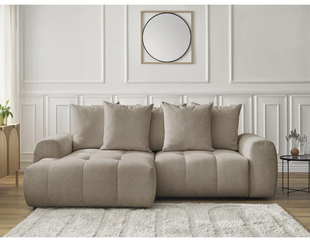 Бежов шенилов разтегателен ъглов диван с място за съхранение (ляв ъгъл) Roxelane – Bobochic Paris