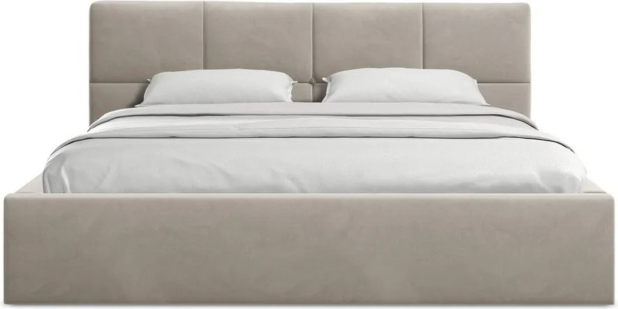 Кафяво-сиво кадифено двойно легло 140x200 cm тапицирано с място за съхранение и включена подматрачна рамка Hiko – Makamii