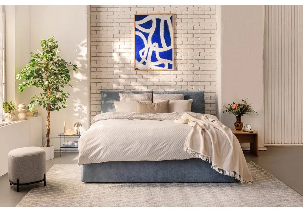 Синьо тапицирано двойно легло с място за съхранение и матрак с решетка 160x200 cm Thessa Pillow - Bonami Selection