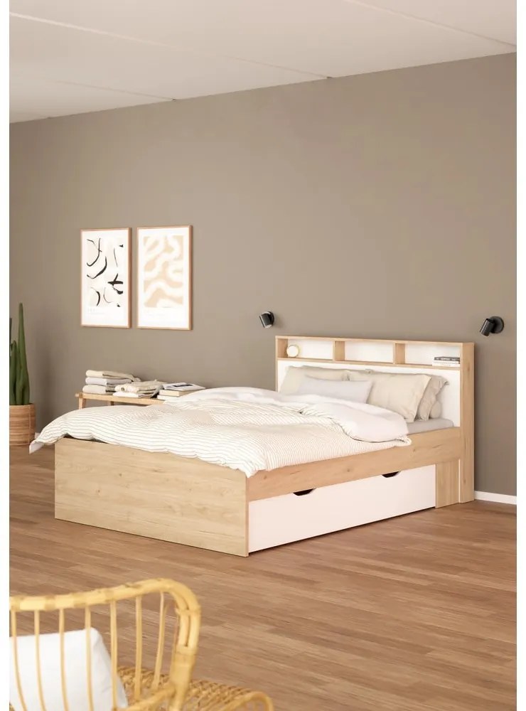 Двойно легло от дъбов декор с място за съхранение без ламелно дъно в естествен цвят 140x200 cm Ikast – Tvilum