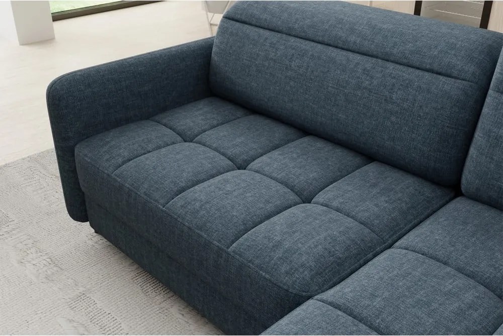 Син кадифен разтегателен ъглов диван с място за съхранение (десен ъгъл L форма) Barea – ELTAP