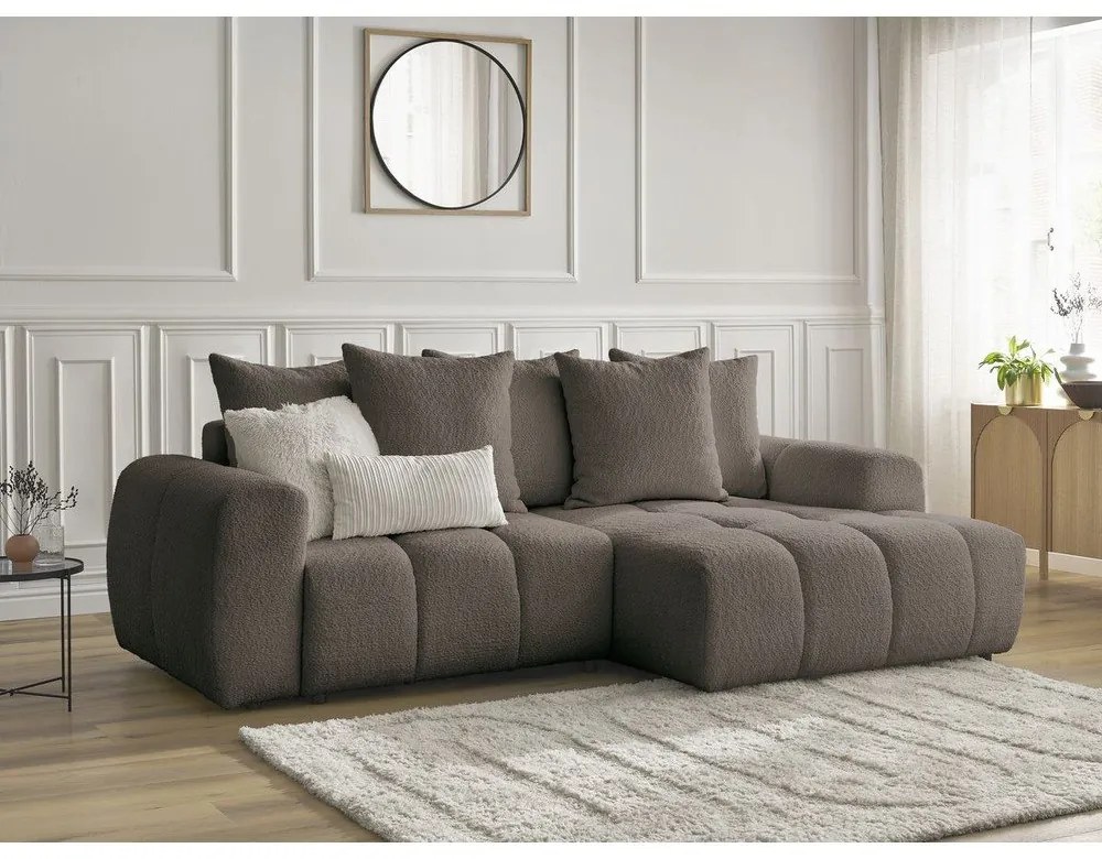 Кафяв сгъваем/с място за съхранение ъглов диван от прежда с примки от букле (десен ъгъл) Roxelane – Bobochic Paris