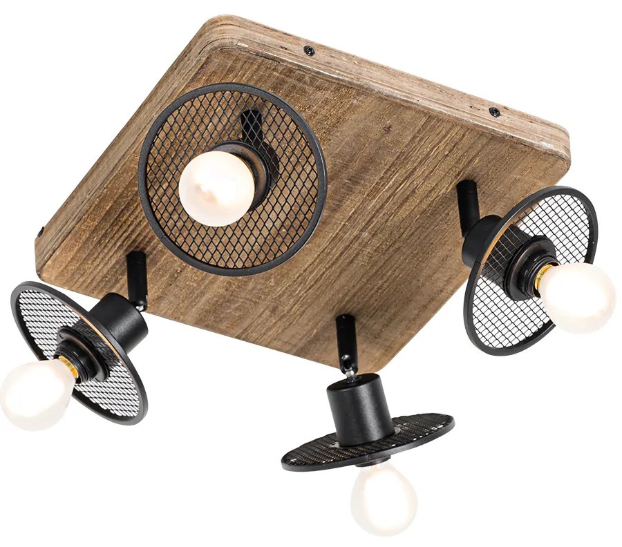 Индустриален таванен прожектор черен с дърво 4-светлина - Jasmine