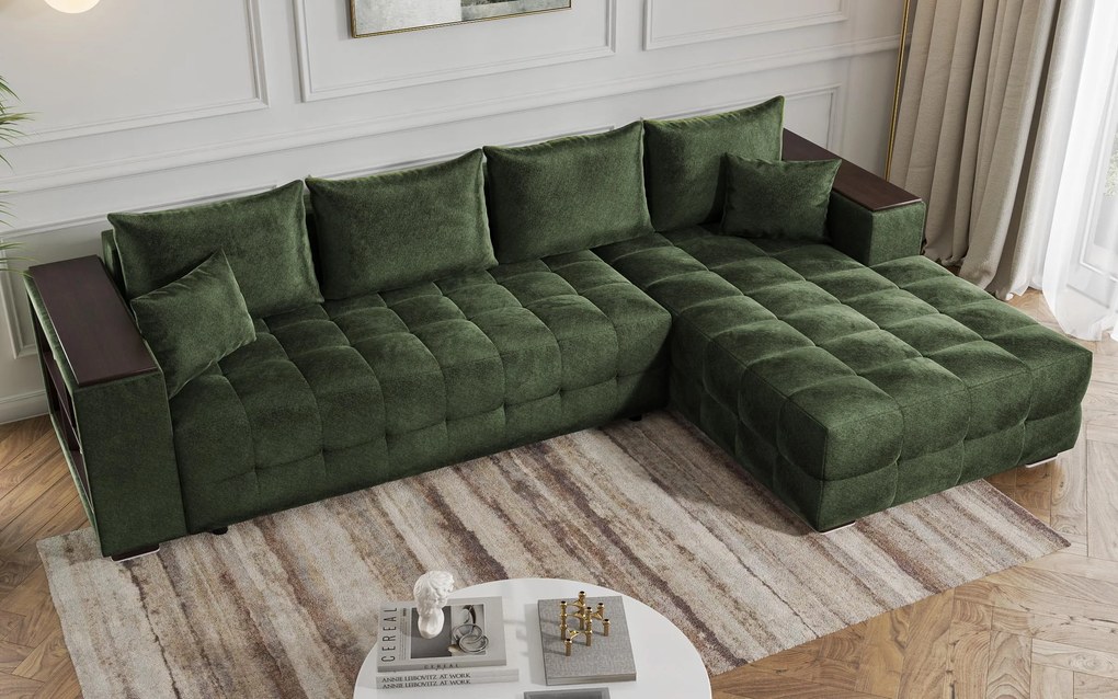 Разтегателен ъглов диван с подлакътник етажерка Мелвин Спринг