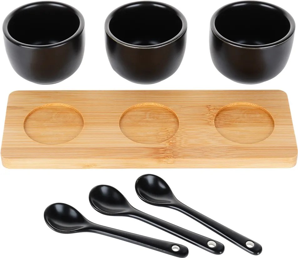 Комплект от 3 керамични купи с лъжици върху бамбуков поднос, 22x7x6см, черни