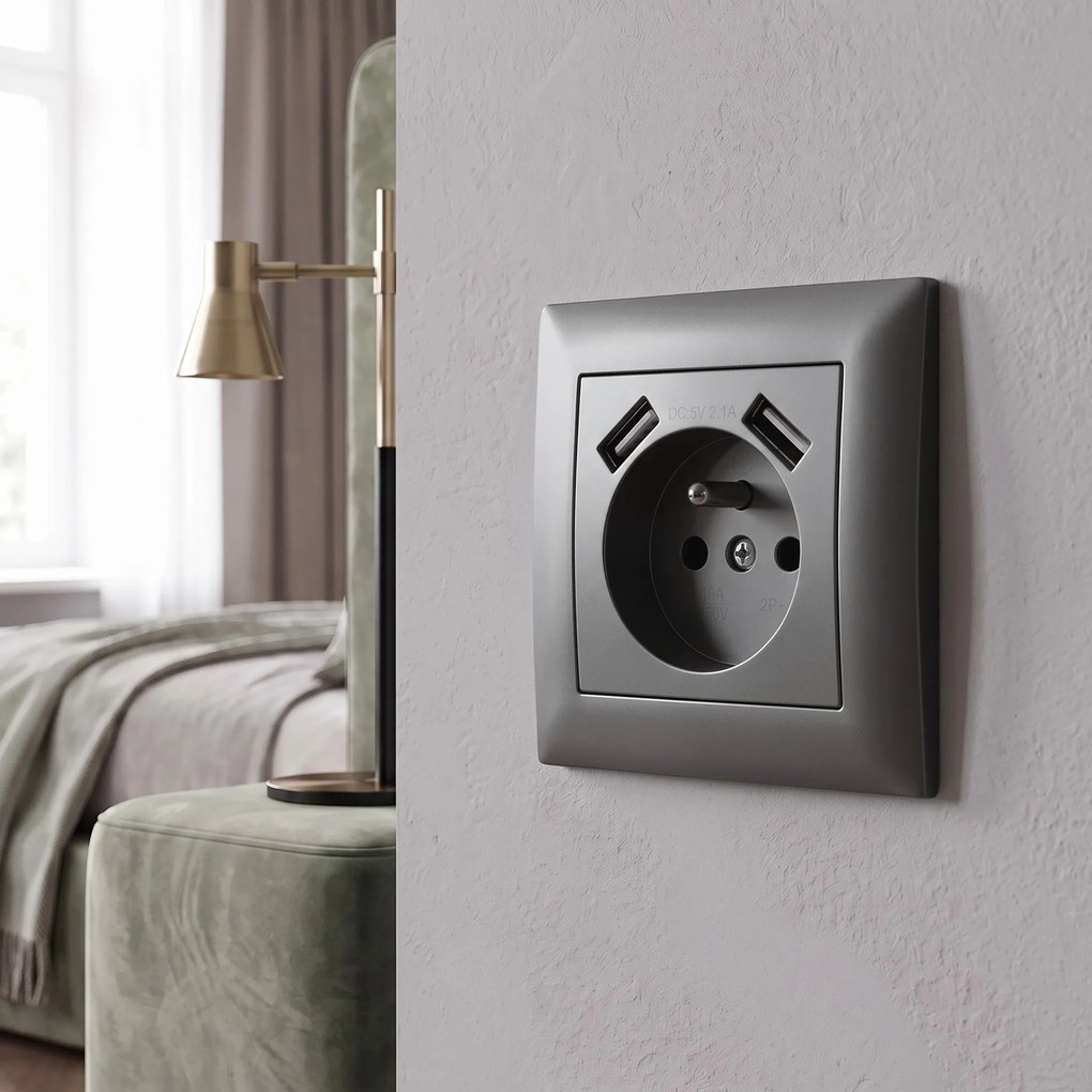 Единичен контакт със заземяване + 2x USB-A OSTE JNH003-G Grey
