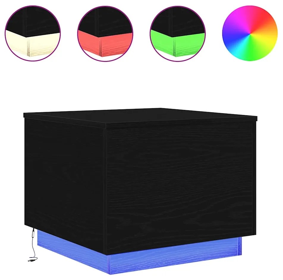 862259 vidaXL Маса за кафе с LED осветление, черна дъб, 50x50x40 см