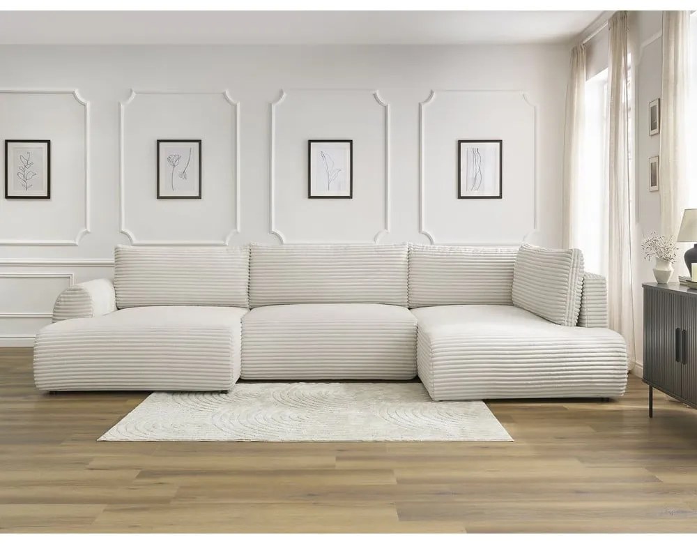 Кремав сгъваем/с място за съхранение ъглов диван от рипсено кадифе (десен ъгъл/U форма) Lucien – Bobochic Paris