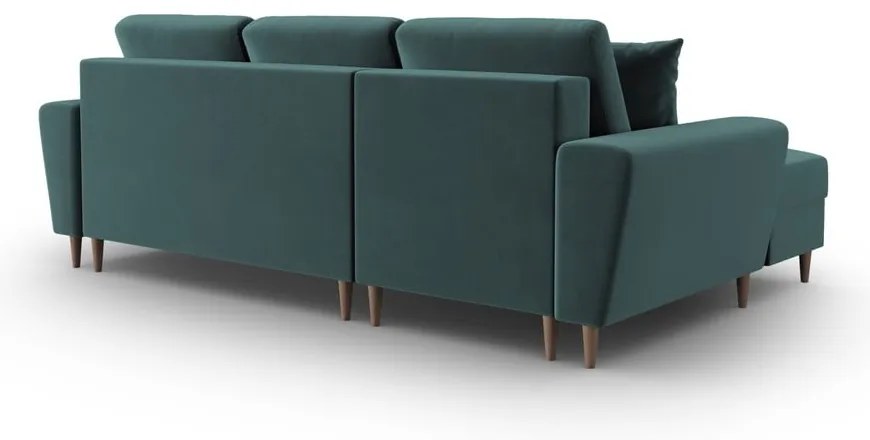 Кадифен разтегателен ъглов диван с място за съхранение в петролен цвят (ляв ъгъл) Kyoto – Cosmopolitan Design