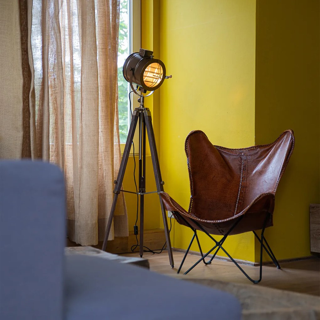 Подова лампа с триножник бронз с дървен студиен прожектор - Radient