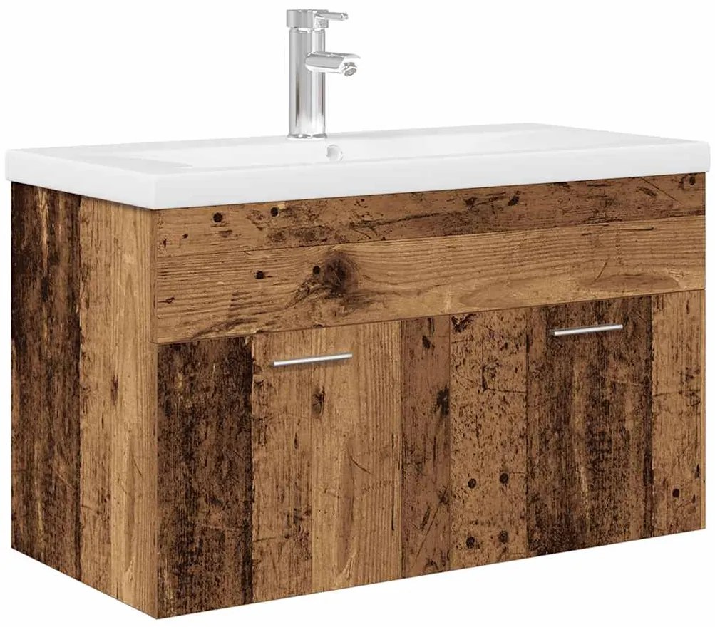 3328907 vidaXL шкаф за мивка с вграден басейн и смесител Старо дърво