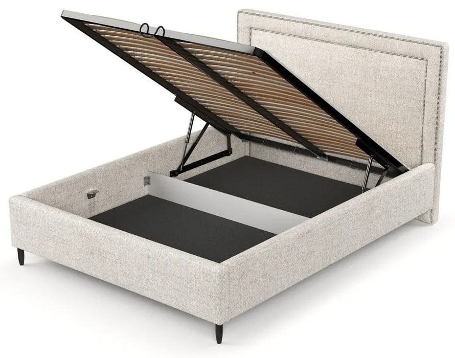 Кремаво тапицирано двойно легло с място за съхранение с включена подматрачна рамка 160x200 cm Baleine – Maison de Rêve