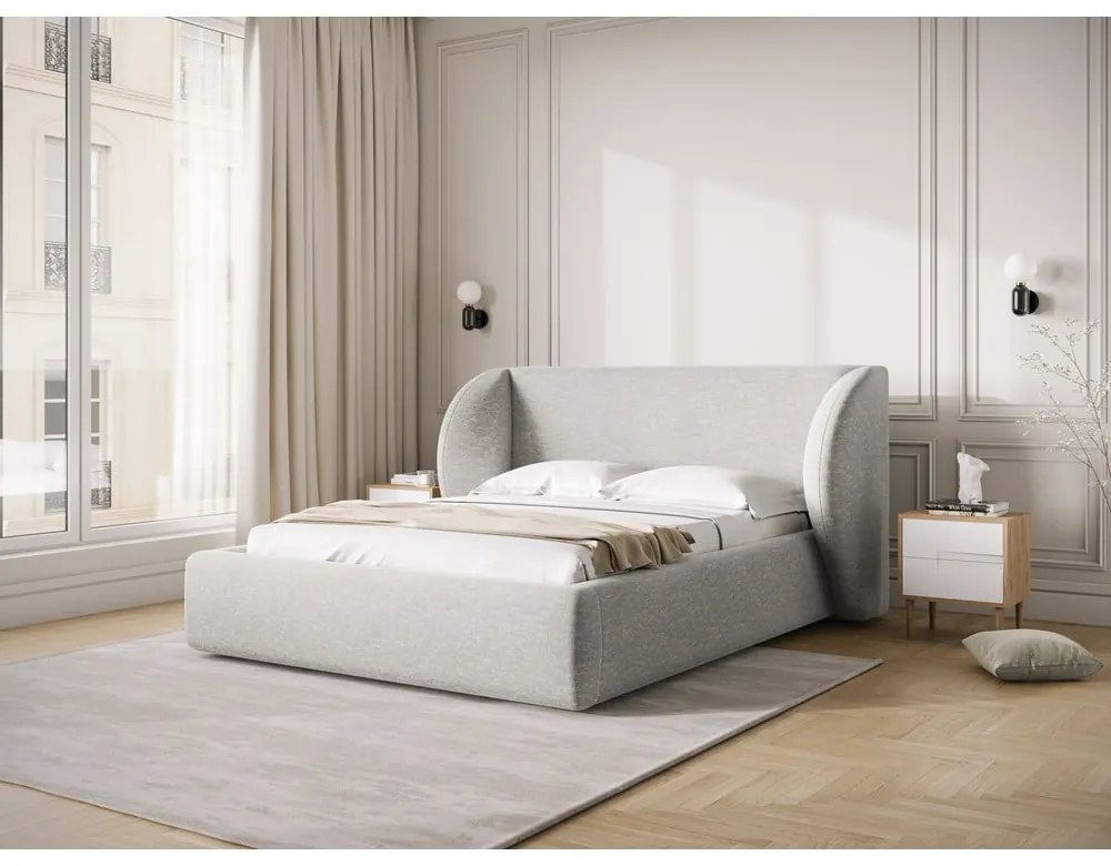 Светлосиво двойно тапицирано легло с място за съхранение с включена подматрачна рамка 180x200 cm Miley – Micadoni