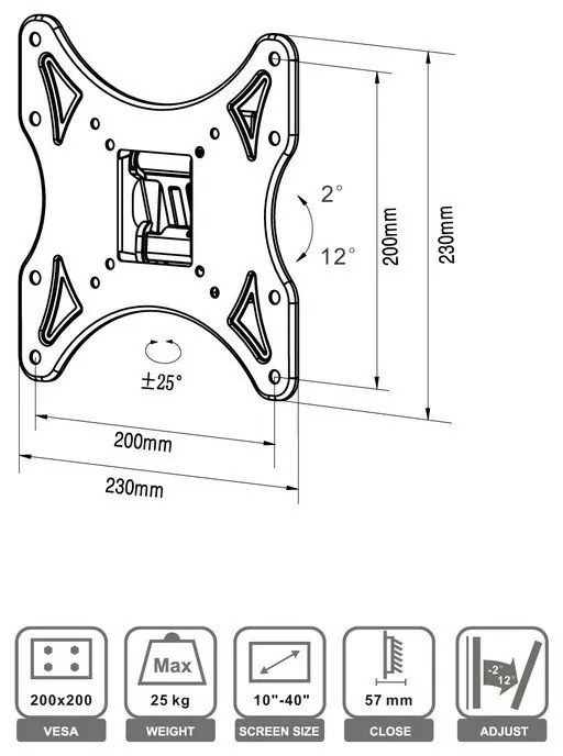 Стойка за телевизор X-TREMER 1040TS, За стена, 10" до 40", Макс 25 Kg, Vesa 200x200, Черен