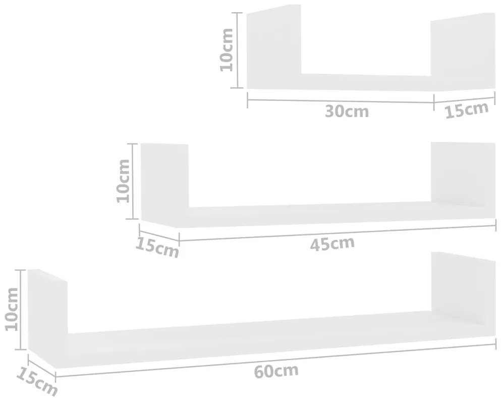 Стенни рафтове, 3 бр, бели, инженерно дърво