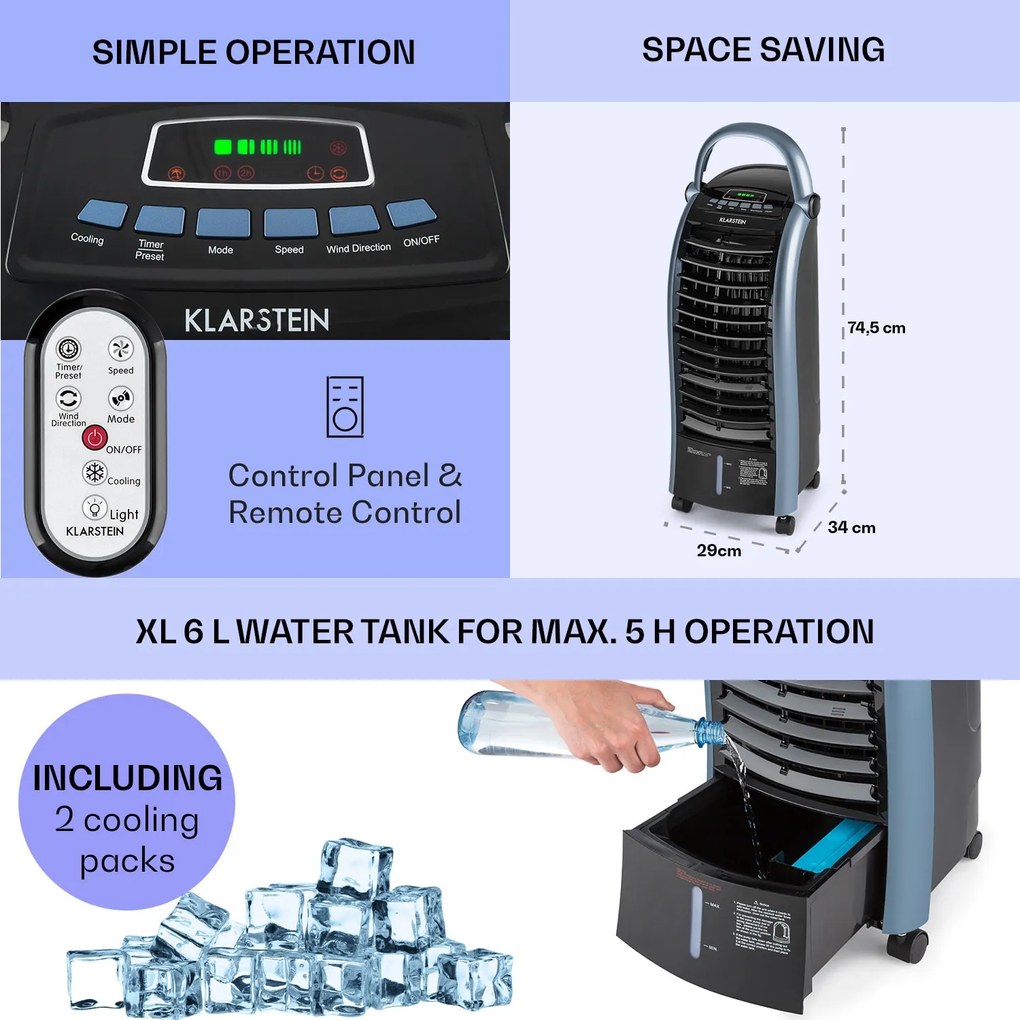 Klarstein Maxfresh Ocean, вентиалтор, въздушен охладител, 3 in 1, 6 л., 65W, дистанционно управление, 2 х охлаждаща система