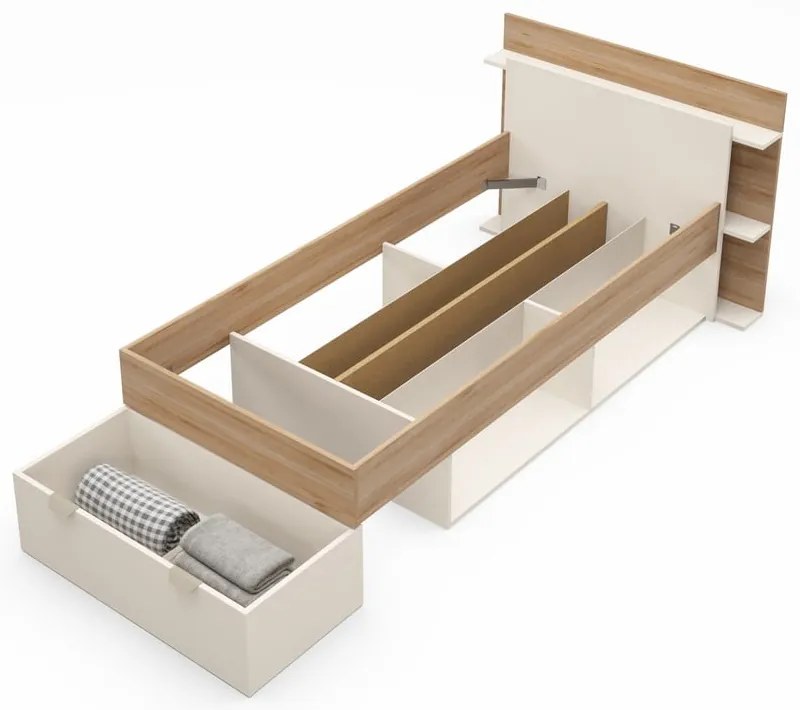 Бяло-естествено единично легло 90x200 cm от декор от дъб с място за съхранение без ламелно дъно Albo – Marckeric