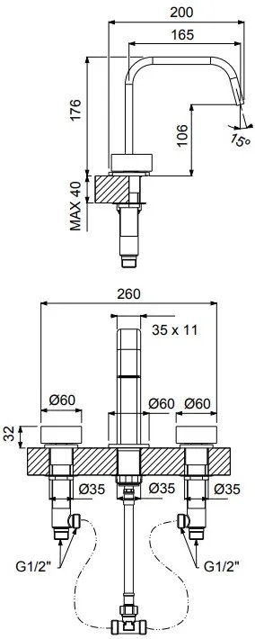 Смесител за мивка 3 отвора с кран Clic Clac Halo Vicario-Inox