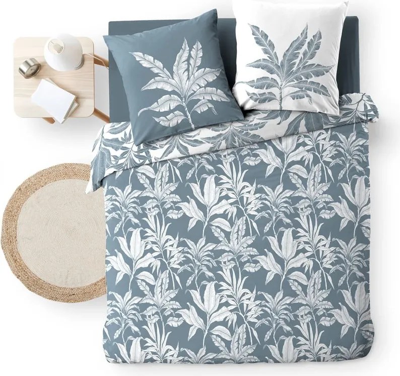 Бяло/синьо двойно удължено памучно спално бельо 240x220 cm Hera – douceur d'intérieur