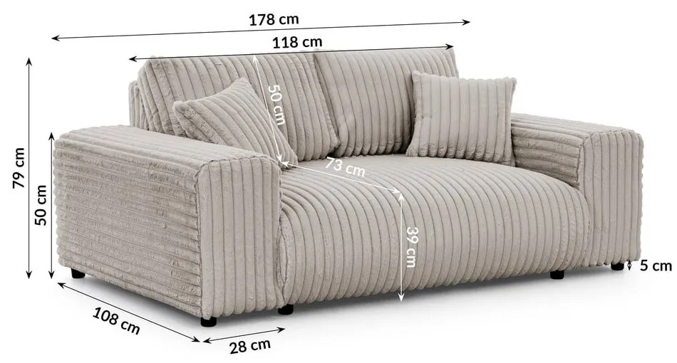 Светлосив диван от рипсено кадифе 178 cm Justin – Ropez