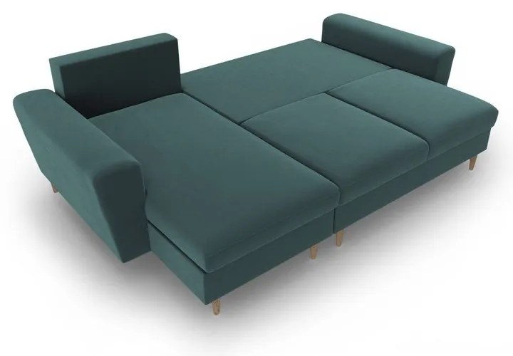 Кадифен разтегателен ъглов диван с място за съхранение в петролен цвят Kyoto – Cosmopolitan Design