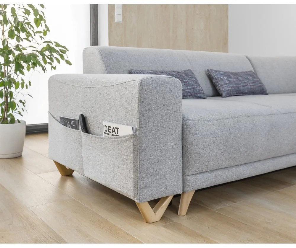 Светлосив разтегателен/с място за съхранение ъглов диван (десен ъгъл/L форма) Classy Sophie – Miuform