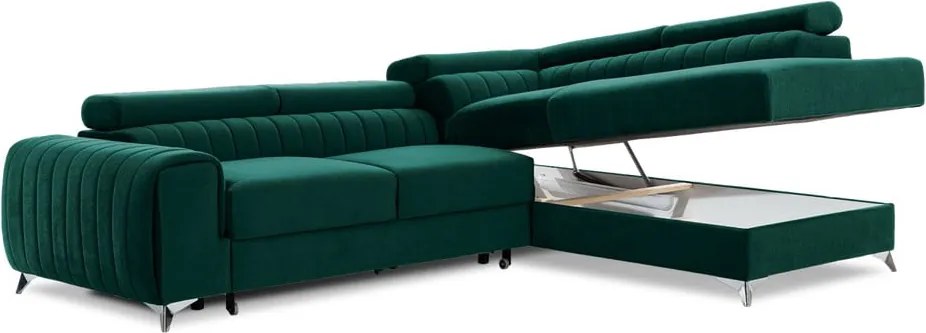 Зелен кадифен разтегателен ъглов диван с място за съхранение (десен ъгъл L форма) Laurence – ELTAP