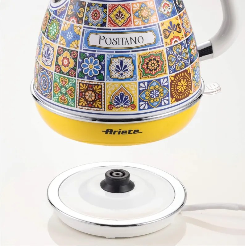 Електрическа кана Ariete Positano 2869/0P, 2000W, 1.7 л, Подвижен филтър, Прозорец за водата, 360C безжична основа, Бял/Жълт